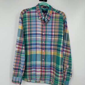 J Crew Summer Plaid Slim Mens Sz L Plaid Button Down Shirt Long Sleeve Colorful